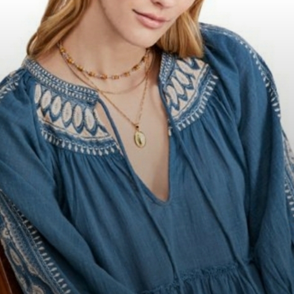 FREE PEOPLE WOMEN'S DREAMWEAVER EMBROIDERED TUNIC TOP BLUE - Picture 5 of 10